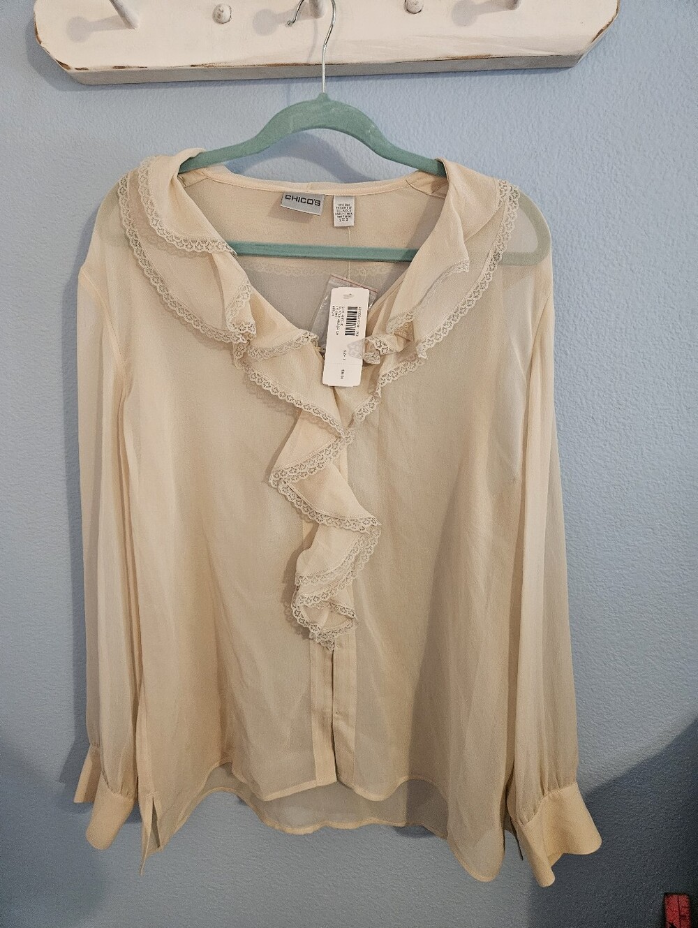 Chico's Lace-Trim Ruffle Front Blouse in Cream